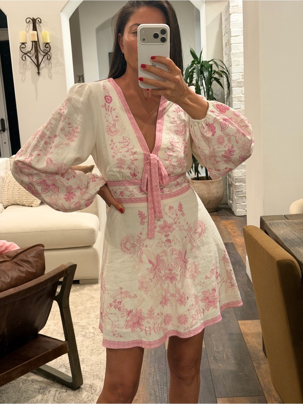 Caroline Constas Zimmerman White Mini Dress with Pink Floral Embroidery